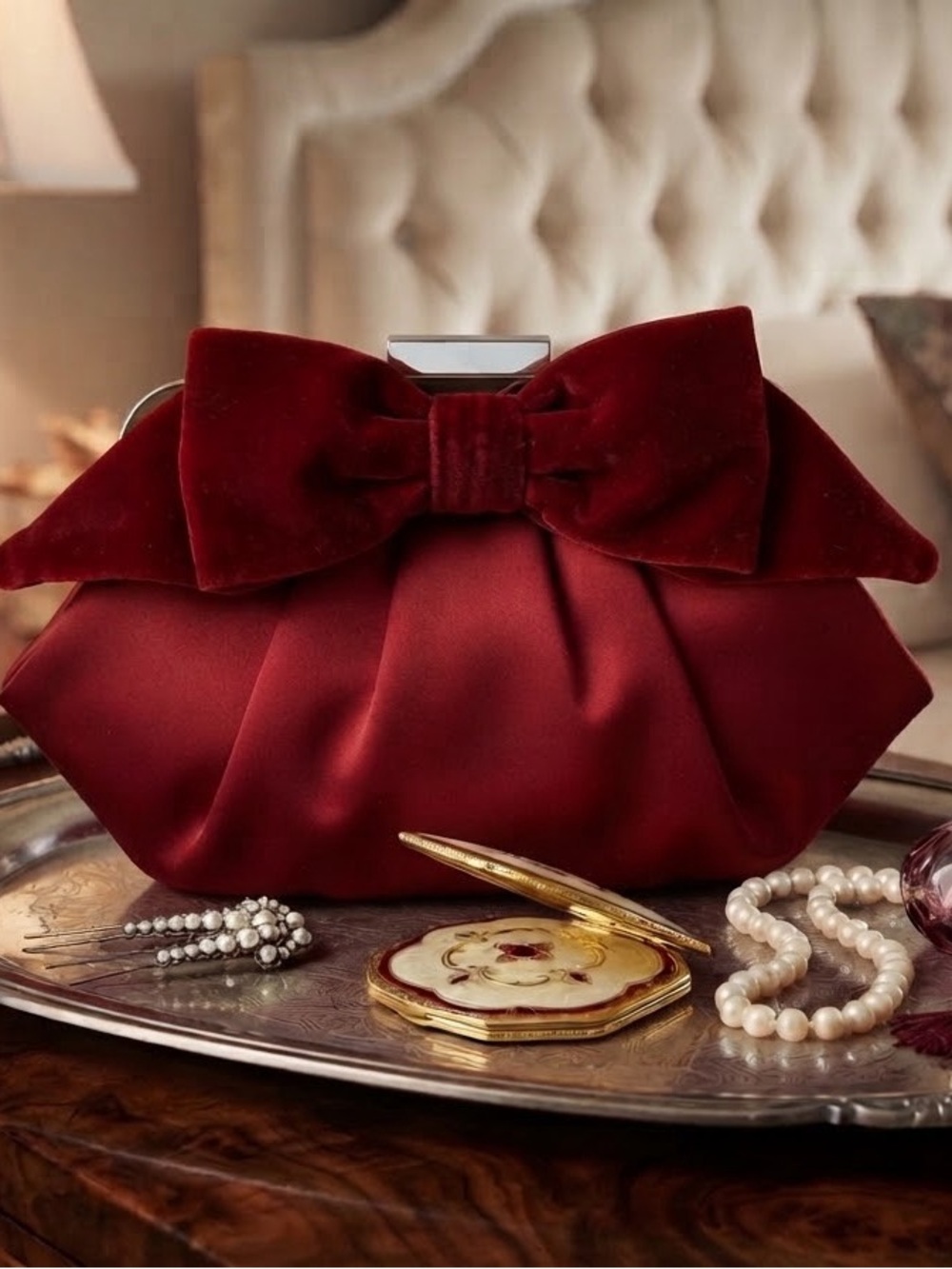 NWOT Banana Republic Red Satin & Velvet Bow Evening Clutch Bag